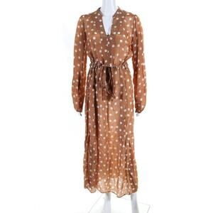 ByTiMo Women's Light Brown White Polka Dot Tie Waist Ruched Dress Size Medium